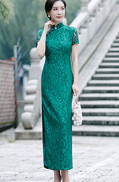 Green Lace Maxi Qipao / Cheongsam Party Dress