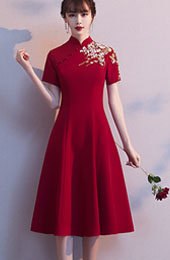 Burgundy Embroidered A-Line Qipao / Cheongsam Wedding Dress