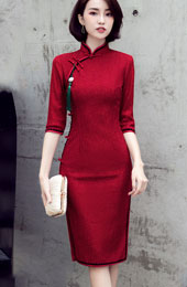 Wine Red Lace Midi Qipao / Cheongsam Party Dress