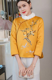 Yellow Embroidered Women Qipao Tang Coat