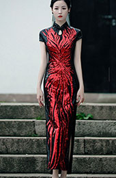 Bridal Mother's Color-blocked Sequined Qipao / Cheongsam Dress