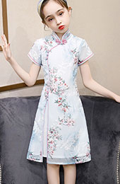 Blue Floral Kids Girl's Cheongsam / Qipao Dress