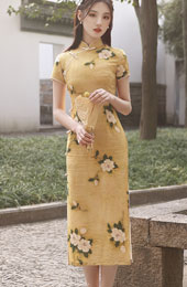 Yellow Floral Tea-Length Qipao / Cheongsam Dress