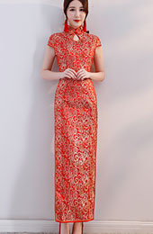 Red Jacquard Bridal Long Qipao / Wedding Cheongsam Dress