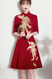 Burgundy A-Line Phoenix Qipao / Cheongsam Wedding Dress