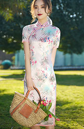 Pink Floral Print Mid Qipao / Cheongsam Dress