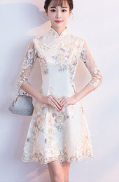 Beige Embroidered A-Line Qipao / Cheongsam Party Dress