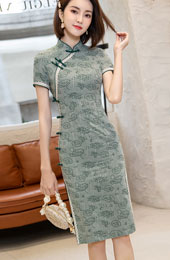Green Jacquard Lotus Midi Qipao / Cheongsam Party Dress