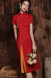 Red Lace Front Slit Qipao / Cheongsam Wedding Dress
