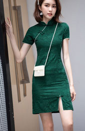Green Red Printed Linen Qipao / Cheongsam Dress