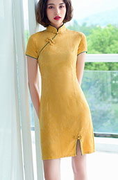 Yellow Printed Linen Qipao / Cheongsam Dress