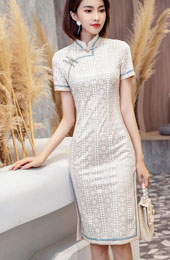 Beige Red Lace Mid Qipao / Cheongsam Dress