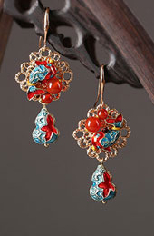 Agate Cloisonne Drop Dangle Earrings, Clip On Earrings