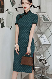 Green Dots Linen Midi Qipao / Cheongsam Dress