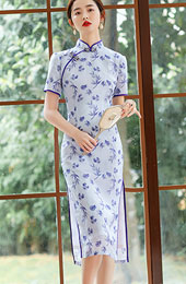 Blue Floral Linen Midi Qipao / Cheongsam Dress