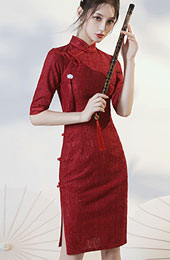 Burgundy Lace Midi Qipao / Cheongsam Dress