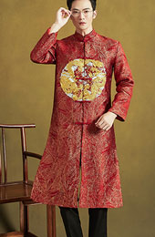 Red Embroidered Dragon Chinese Men's Wedding Jacket Magua