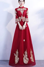 Burgundy Lace Max Tulle Qipao / Cheongsam Wedding Dress