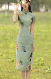 2021 Green Printed Modern Qipao / Cheongsam Dress