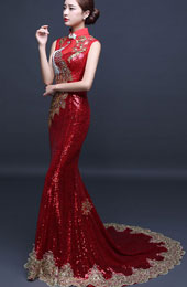 Custom Tailored Sequined Qipao / Cheongsam Dress with Mermaid Train