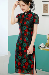 2021 Black Floral Lace Qipao / Cheongsam Dress