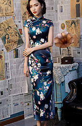 Blue Floral Long Split Qipao / Cheongsam Dress