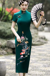 Green Red Embroidered Maxi Qipao / Cheongsam Dress