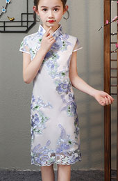 Purple Embroidered Kids Girls Qipao / Cheongsam Dress