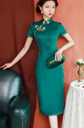 Lake Blue Tea-Length Traditional Qipao / Cheongsam Evening Dress