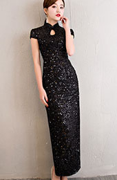 Floor-Length Sequined Lace Qipao / Cheongsam Dress