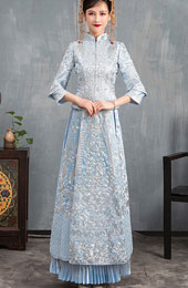 Blue Embroidered Wedding Qun Kwa & Pleated Skirt