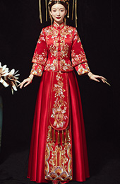 Red Embroidered Floral Chinese Wedding Xiu He Fu - Jacket & Skirt