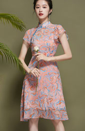 Pink Chiffon Qipao / Cheongsam Dress With Frill Sleeve