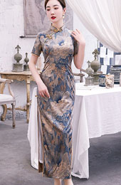 Blue Bronzing Floral Maxi Qipao / Cheongsam Dress