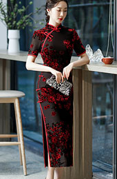 Mothers Red Blue Floral Velvet Maxi Qipao / Cheongsam Dress
