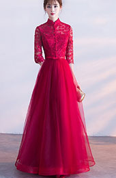 Wine Red Floor Length Qipao / Cheongsam Wedding Dress