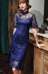 Red Blue Lace Qipao / Cheongsam Evening Dress