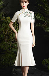 Ivory Fishtail Tea-Length Qipao / Cheongsam Prom Dress
