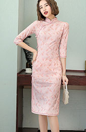 Pink Beige Lace Midi Qipao / Cheongsam Dress