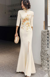 Champagne Embroidered Fishtail Split Qipao / Cheongsam Prom Dress