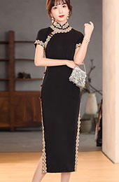 Black Lace Trim Modern Qipao / Cheongsam Dress