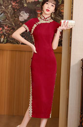 Red Lace Trim Modern Qipao / Cheongsam Dress