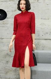 2021 Winter Red Qipao / Cheongsam Dress with Frill Hem