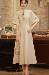 Champagne Embroidered A-Line Qipao / Cheongsam Prom Dress with Bell Sleeve