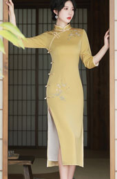 Pink Yellow Embroidered Autumn Qipao / Cheongsam Dress