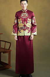Burgundy Embroidered Men's Dragon Wedding Qun Kwa, Jacket & Skirt