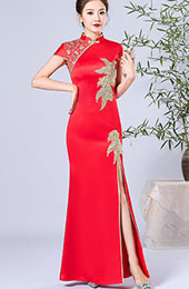 Red Beaded Split Front Long Qipao / Cheongsam Dress