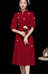 Red Beaded Puff Sleeve Modern Qipao / Cheongsam Dress