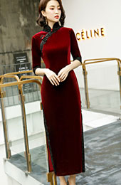 Half Sleeve Velvet Long Qipao / Cheongsam Dress