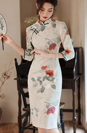 Bronzing Rose Print Mid Qipao / Cheongsam Dress